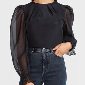 Express Organza Black Sheer Puff Sleeve Blouse Top Party Holiday Wednesday L